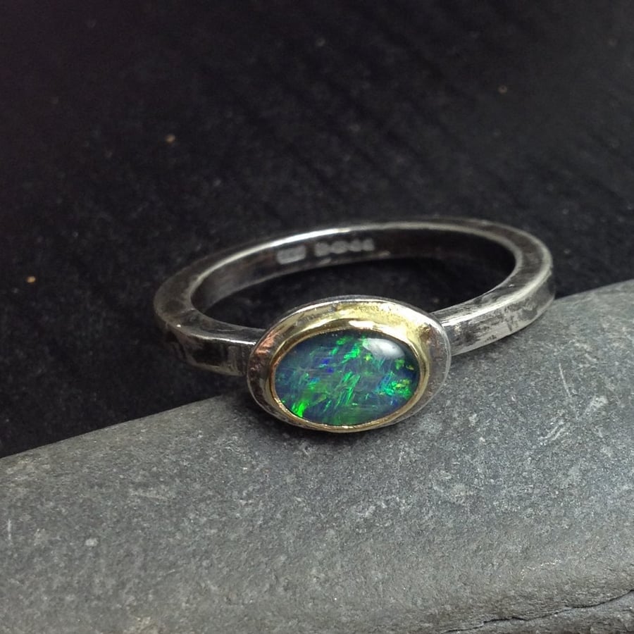 Silver 18ct gold and opal ring