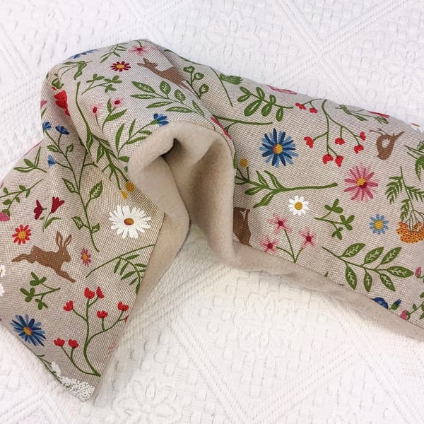 Wheat Bag 50cm Woodland Flowers Linen fabric  Beige fleece reverse