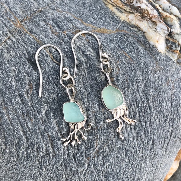 Light  Aquamarine Sea Glass and Sterling Silver Jelly Fish Earrings - 1046
