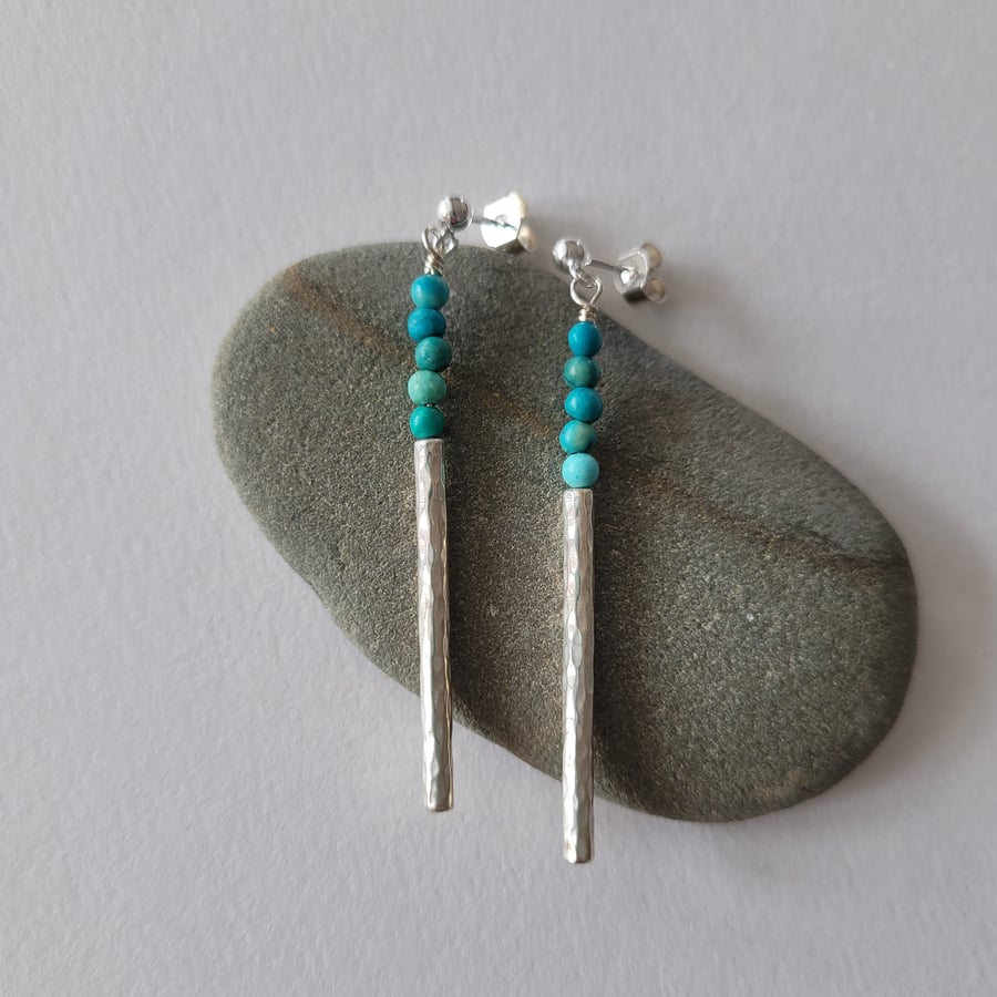 Turquoise Silver Earrings, Long Dangle Drop Earrings, Textured Jewellery