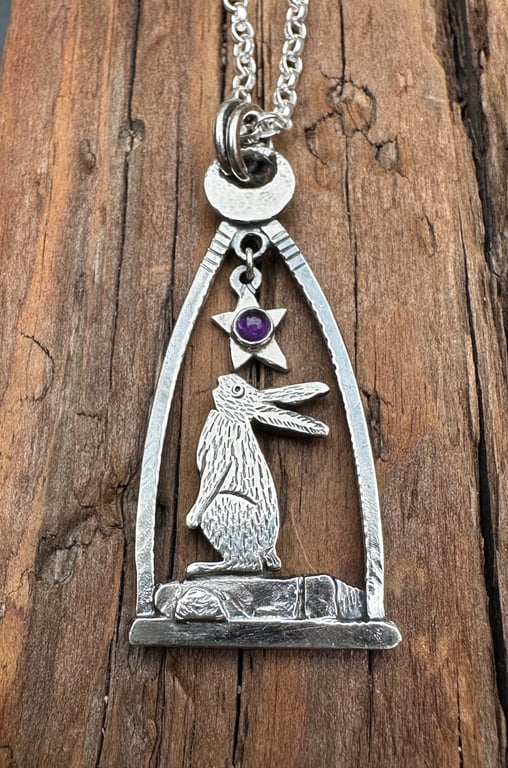 Gazing Hare Pendant with Amethyst Cabochon
