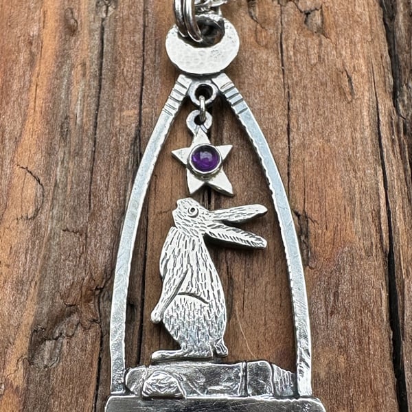Gazing Hare Pendant with Amethyst Cabochon