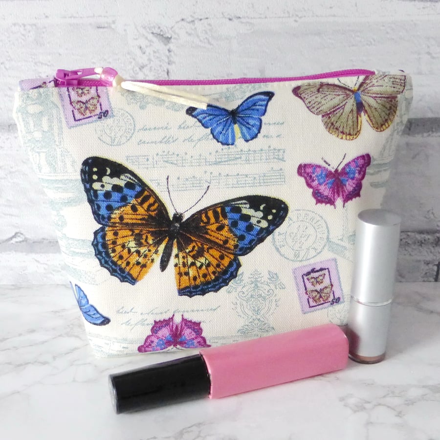 REDUCED: Butterflies make up bag, zipped pouch, cosmetic bag, medium size.