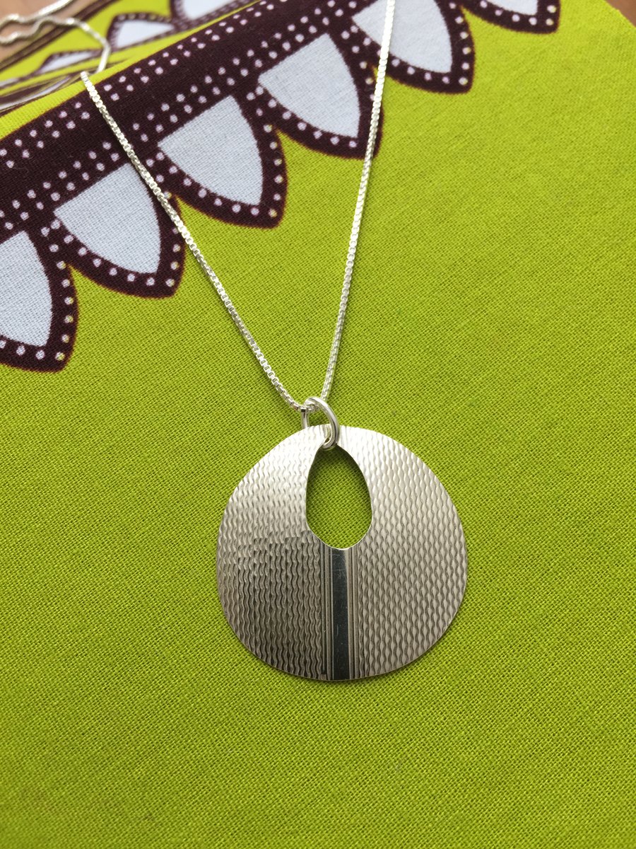 Circle, engine turned, silver necklace