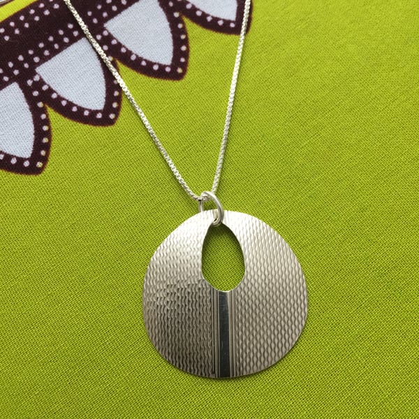 Circle, engine turned, silver necklace