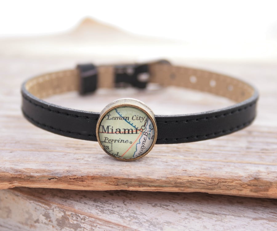 Personalized BLACK Leather Bracelet with Map Slider Bead