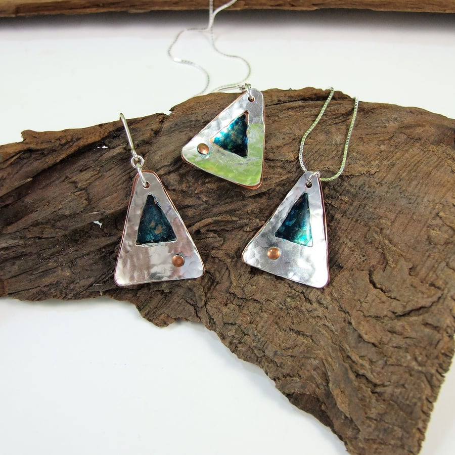 Necklace and Earring Set, Sterling Silver, Copper, Ink & Resin