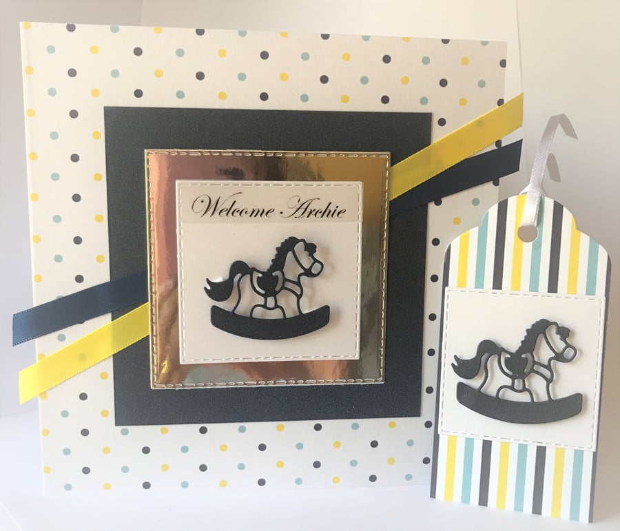 Handmade New Baby Personalised Boy rocking horse card Matching Gift tag  