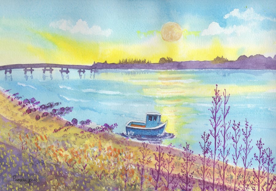 Serene Evening Loghor Estuary, Original Watercolour in 20 x 16 '' Mount