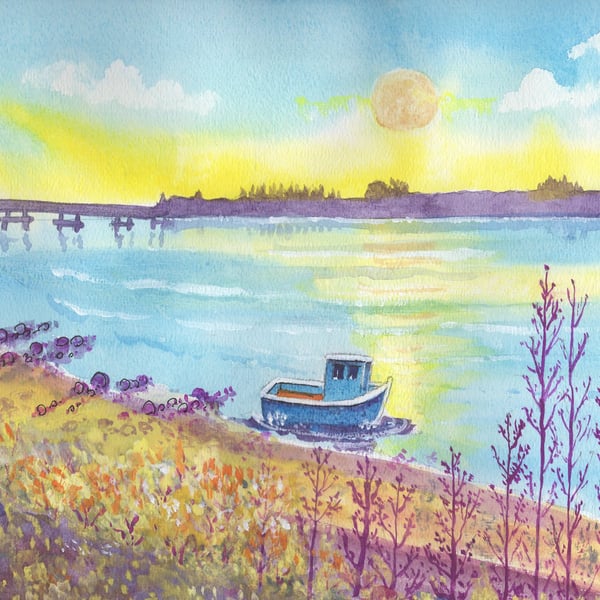 Serene Evening Loghor Estuary, Original Watercolour in 20 x 16 '' Mount