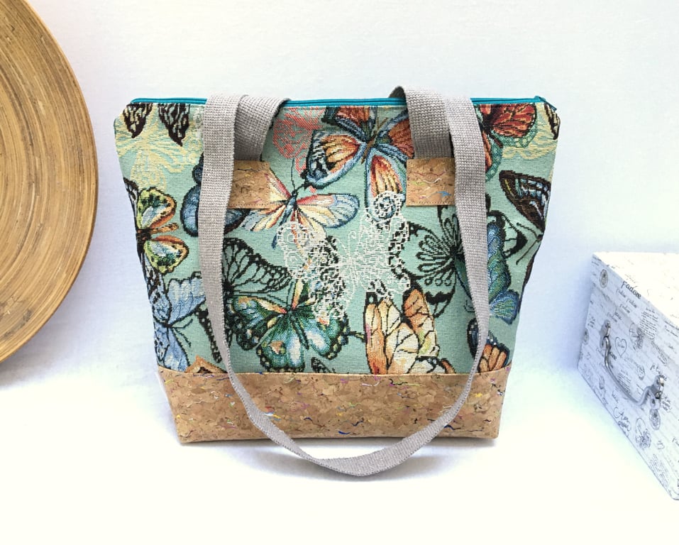 Shoulder tote, tapestry shoulder bag, bag with butterflies, tapestry handbag.