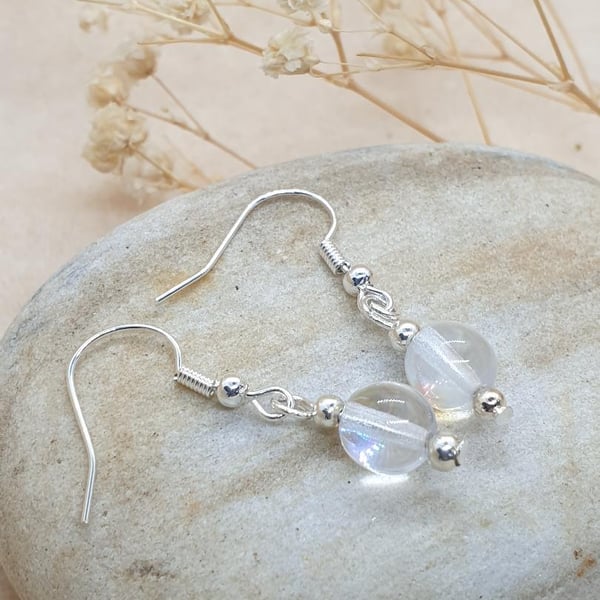 SALE Beautiful clear AB irridescent czech glass earrings silver plated earrings