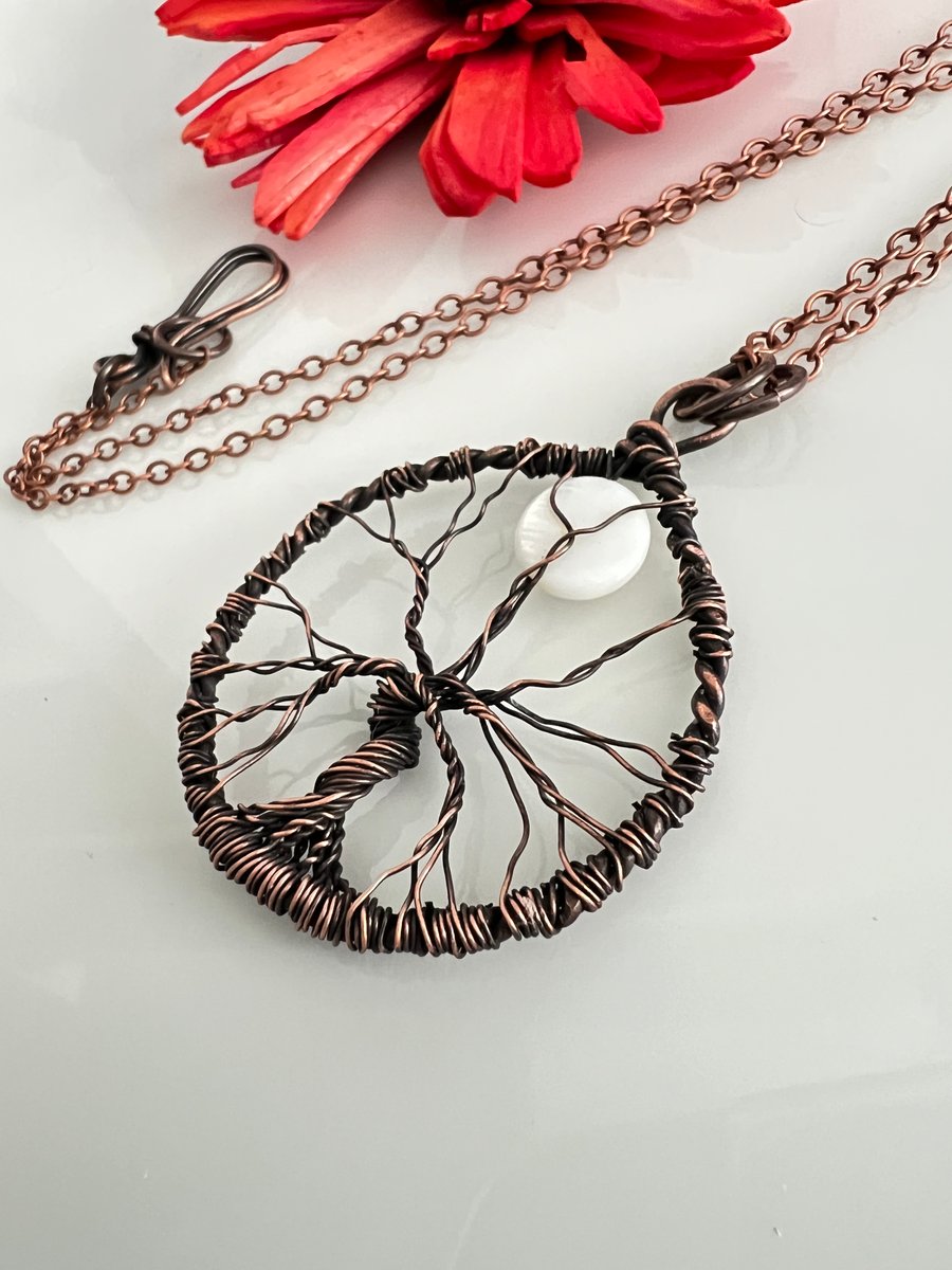 Dark Copper Tree of Life Pendant with Full Moon Mother of Pearl Coin Bead.