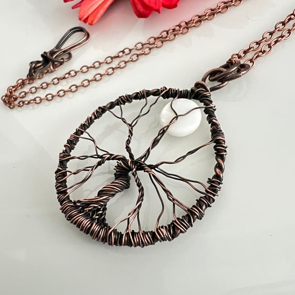 Dark Copper Tree of Life Pendant with Full Moon Mother of Pearl Coin Bead.