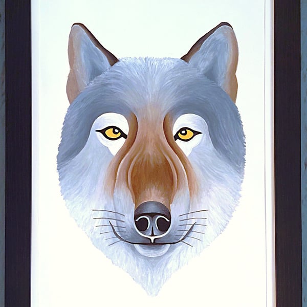 Handmade Unique Framed A3 Print Wolf Portrait White Border Wallart Gift