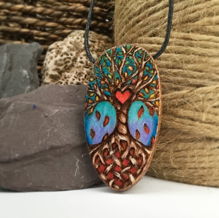 Tree of life pyrography pendant with heart and ... - Folksy