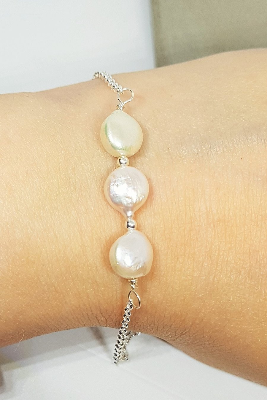 Elegant Sterling Silver Bracelet with Three White Coin Pearls, 925 Silver Bracel