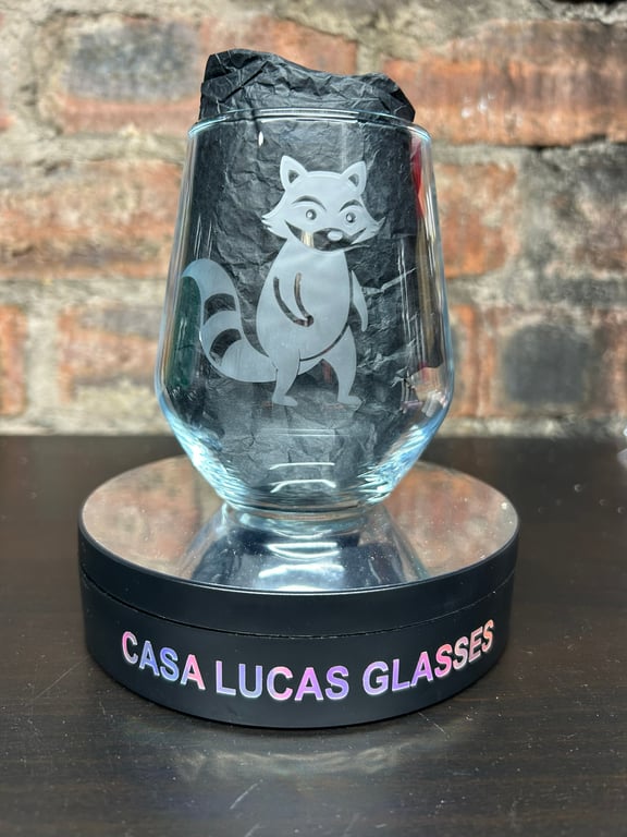 Hand Etched Glass, Cute Racoon