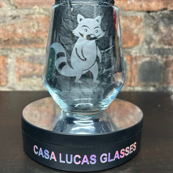 Hand Etched Glass, Cute Racoon