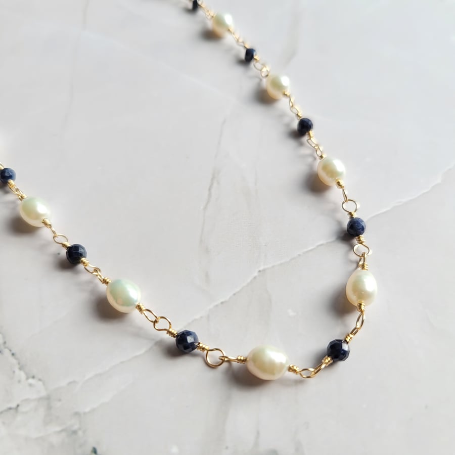 Sapphire and Pearl Wire Wrapped Necklace, 14kt Gold Filled