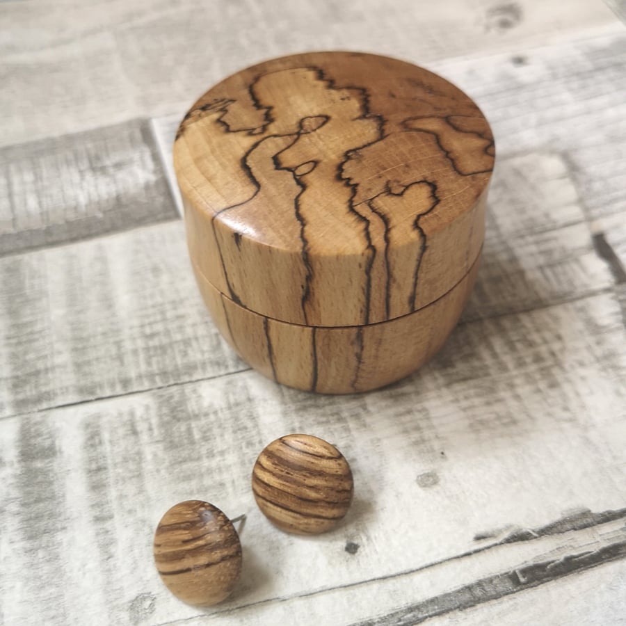 Woodturned Beech Trinket box AND Zebrano wooden earrings - BEAUTIFUL BUNDLE