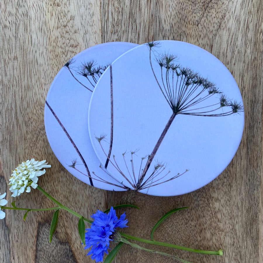 Ceramic coaster  - round coaster - seed head print - matt finish.
