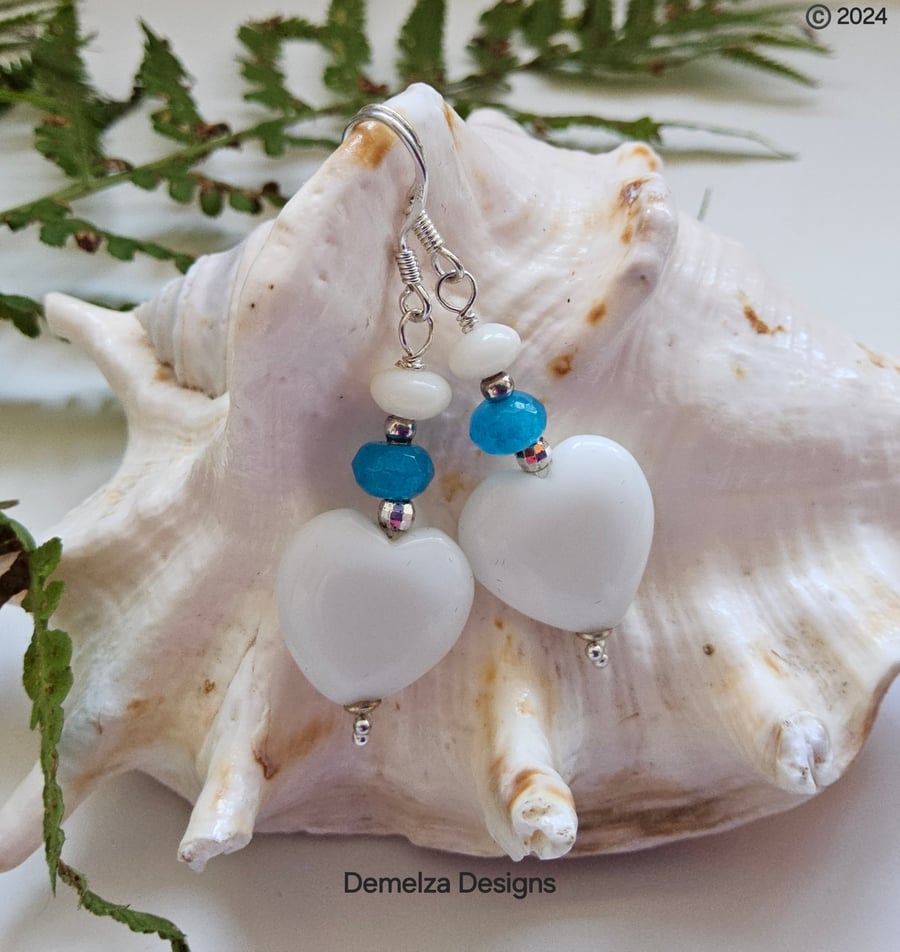 White Onyx Hearts,  Quartzite & White Coral Sterling Silver Earrings