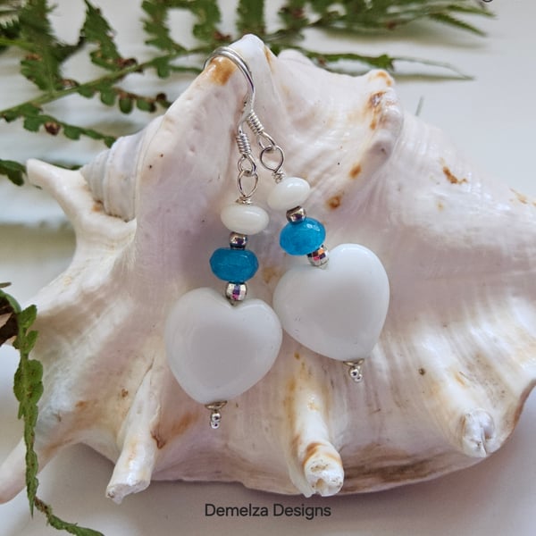 White Onyx Hearts,  Quartzite & White Coral Sterling Silver Earrings