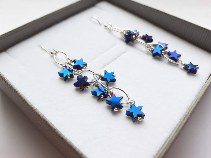 Blue Star Earrings with Sterling Silver Hooks