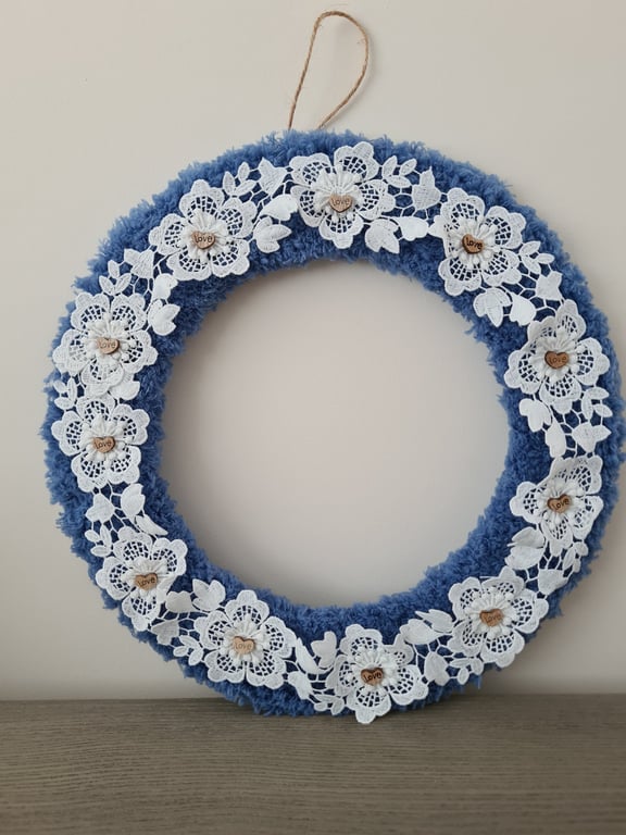 Cornflower blue yarn wrapped wreath