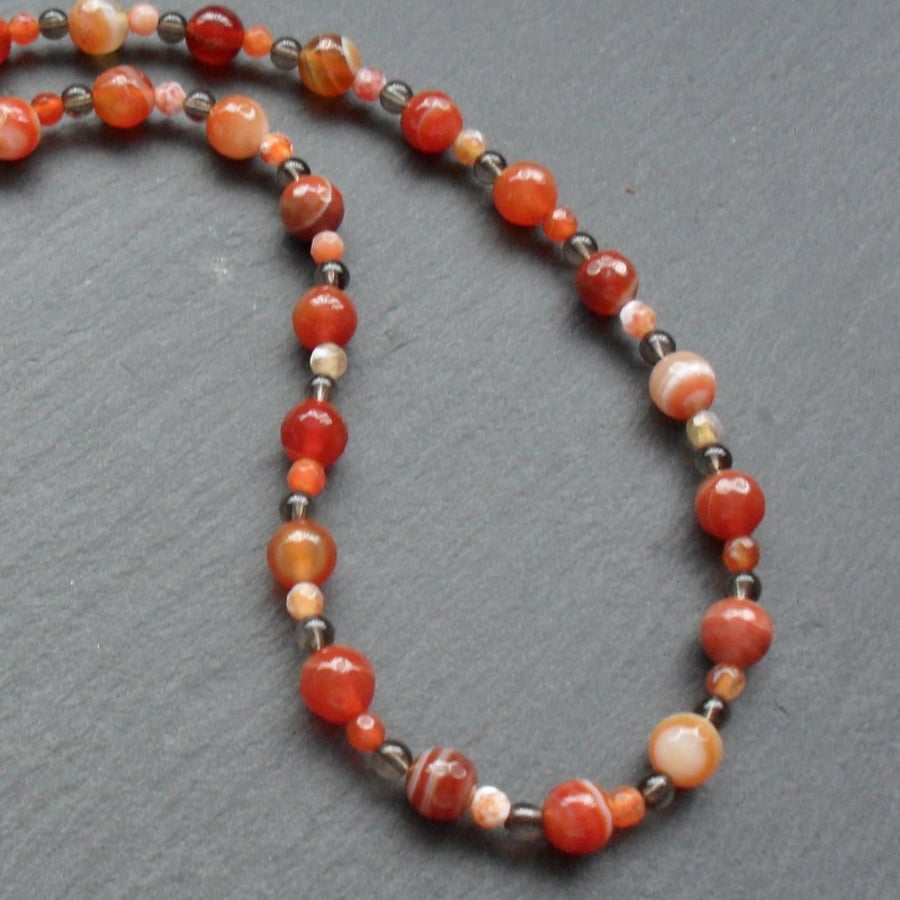 Agate and Smoky Quartz Shades of Orange and Brown Necklace