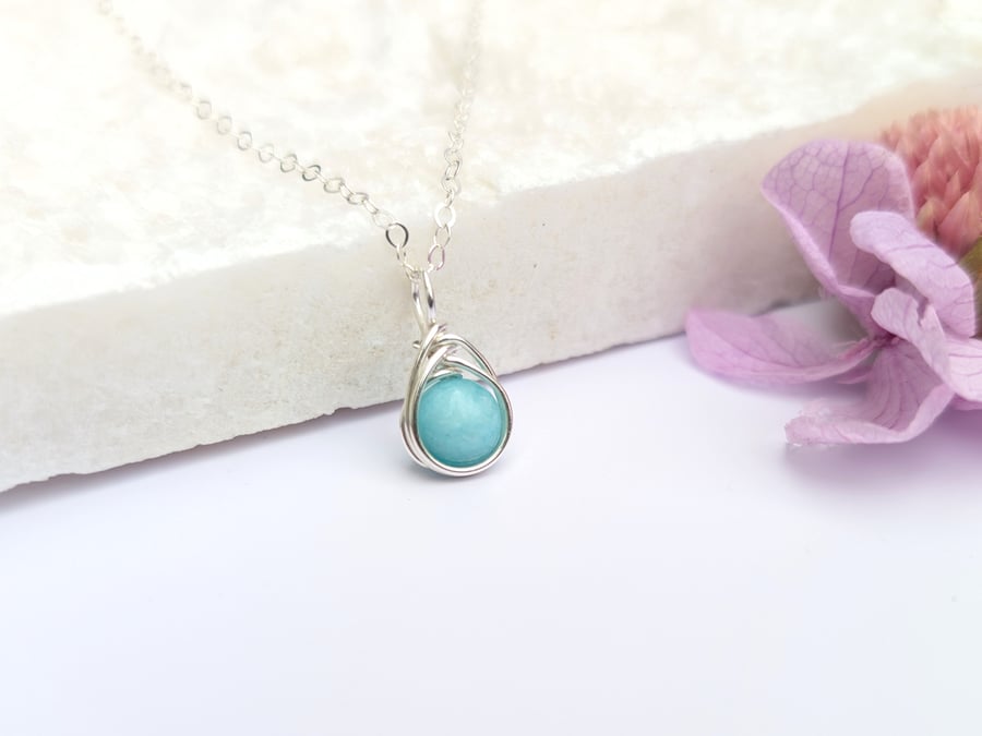 AMAZONITE Minimalist Dainty Sterling Silver Wire Wrapped Pendant 