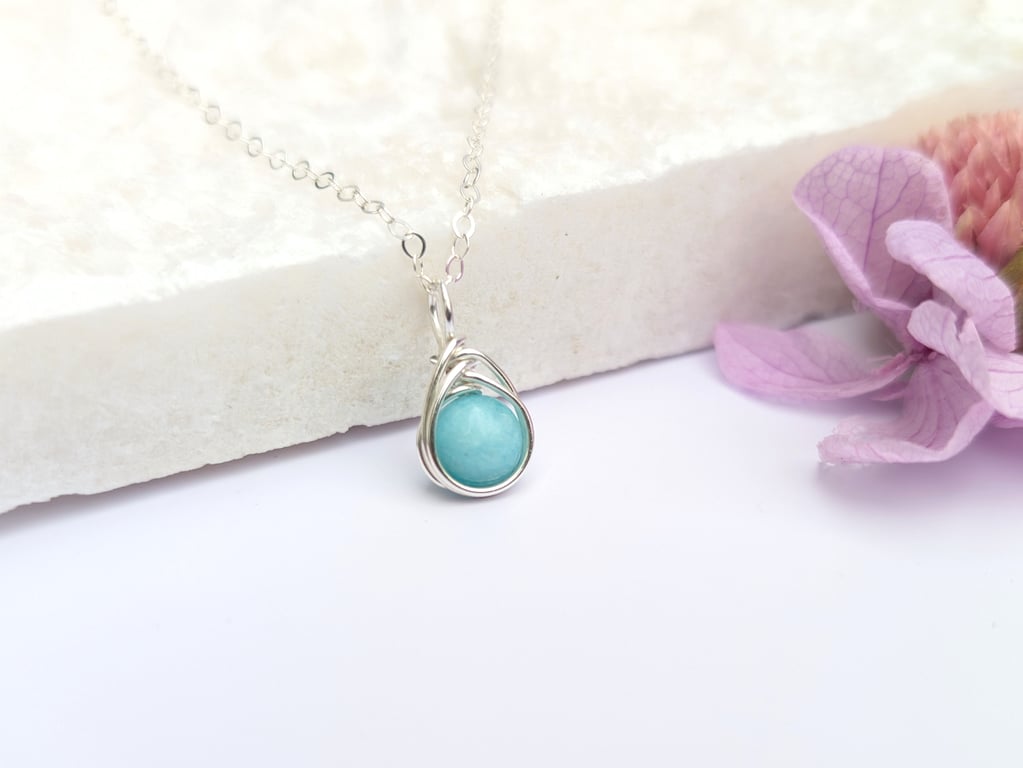 AMAZONITE Minimalist Dainty Sterling Silver Wire Wrapped Pendant 