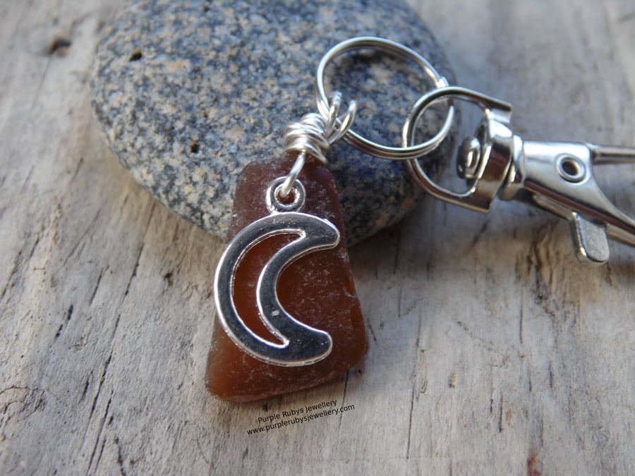 Amber Cornish Sea Glass with Crescent Moon Charm Bag Charm Keyring K459