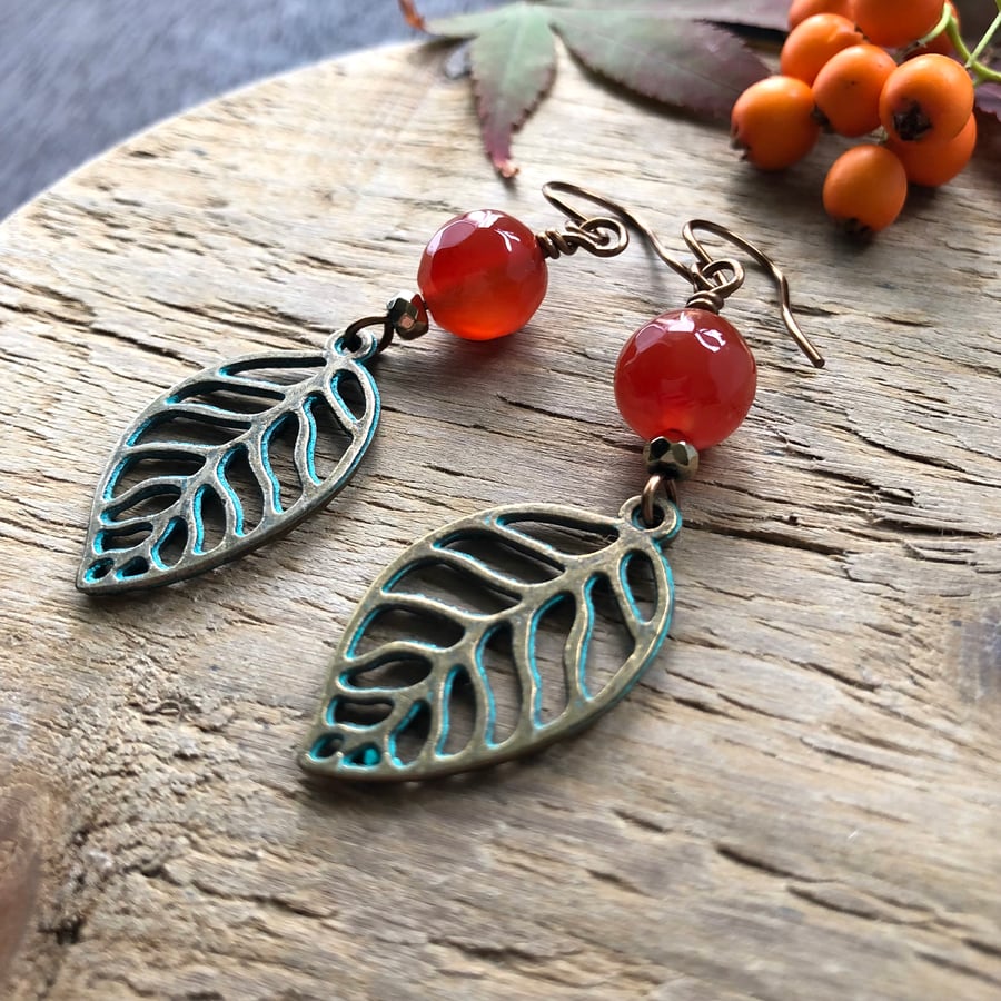 Carnelian Gemstone & Bronze Leaf Dangle Earrings, Bohemian Autumn Earrings