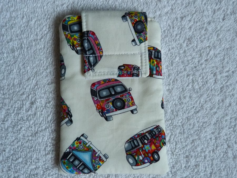 Mobile Phone Cover in White VW Camper Print  Suitable for Medium Sized Phones