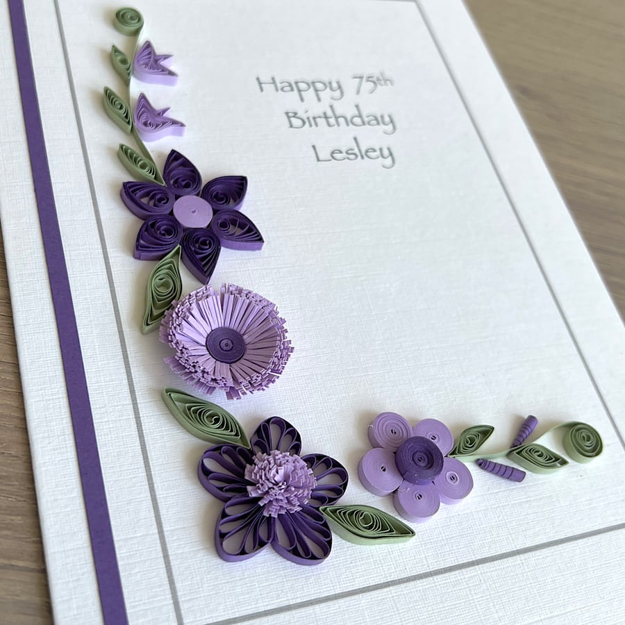 Handmade 75th birthday card with purple quilling flowers