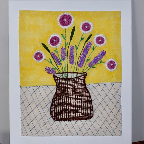 Vase of flowers embroidered picture.