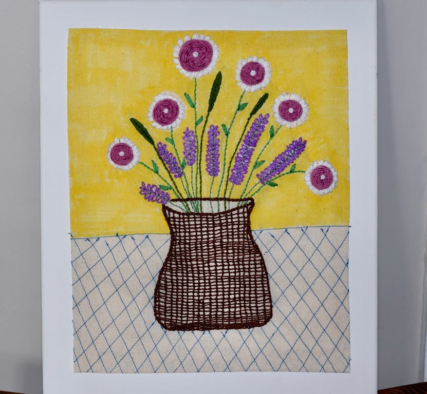 Vase of flowers embroidered picture.