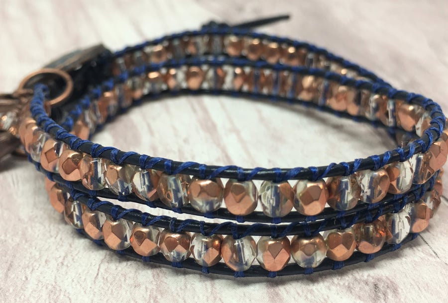 Navy and copper beaded leather wrap bracelet