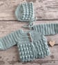 Hand Crocheted Newborn Cardigan & Bonnet Set – Sage Green Baby Outfit - Image 7