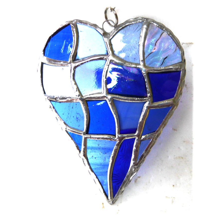 Patchwork Heart Suncatcher Stained Glass Handmade Blue 094