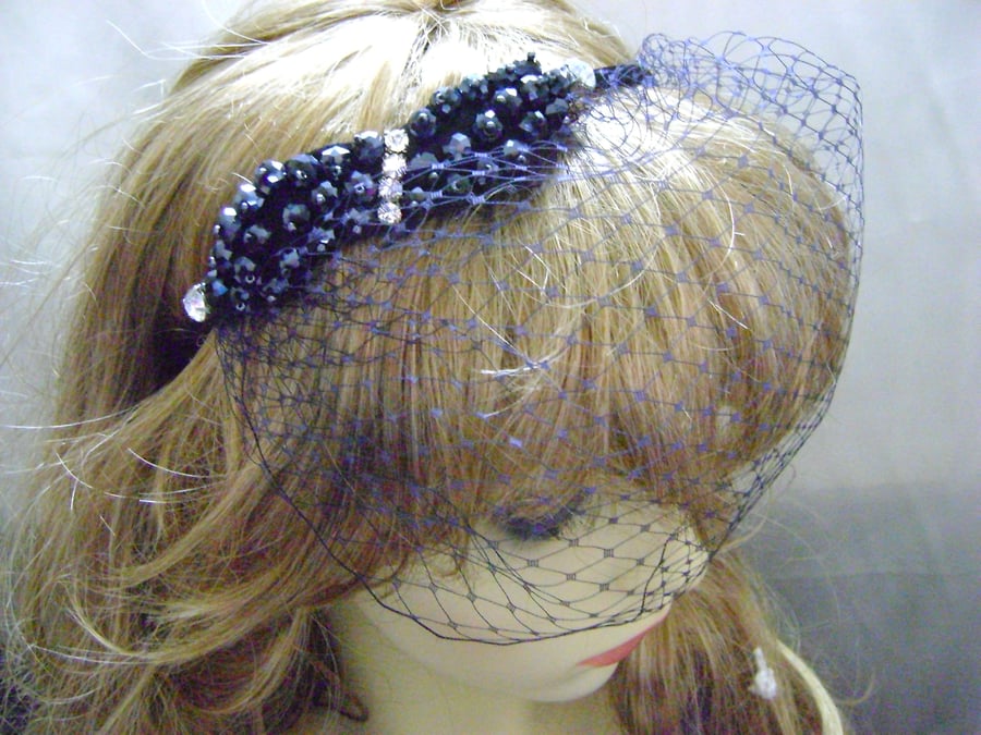 Navy Beaded Net Fascinator