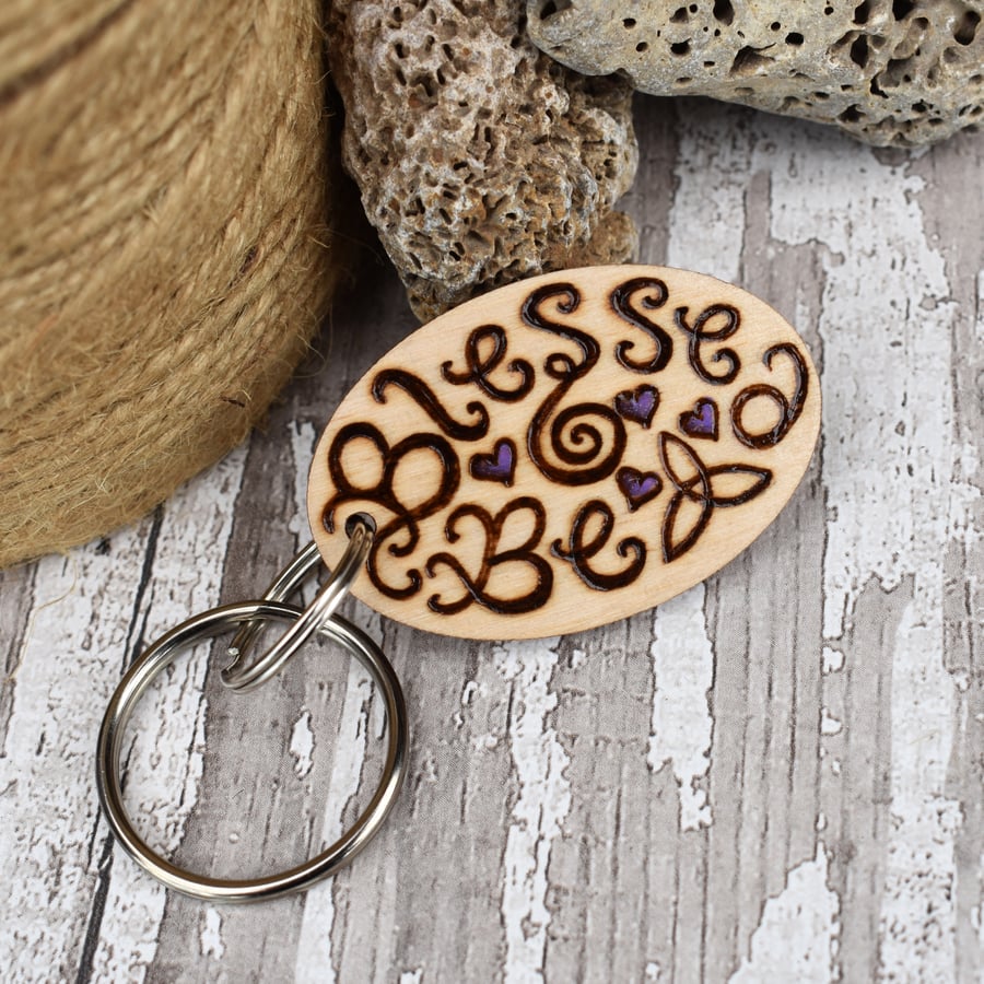 Blessed Be. Pyrography personalised keyring. 