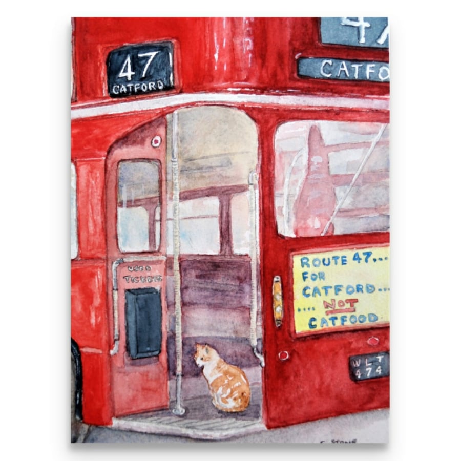 Original watercolour painting "Cat Rides to Catford", on Routemaster London bus