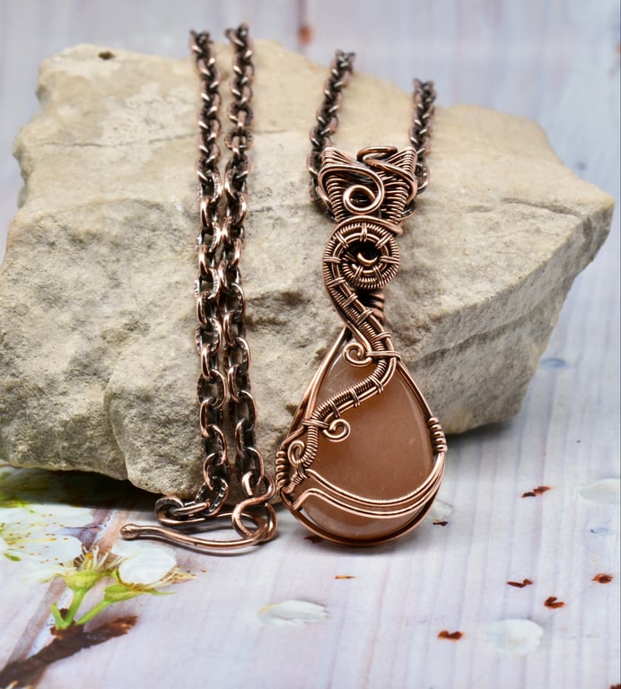 Peach Moonstone and Copper Wire Wrapped and Woven Pendant