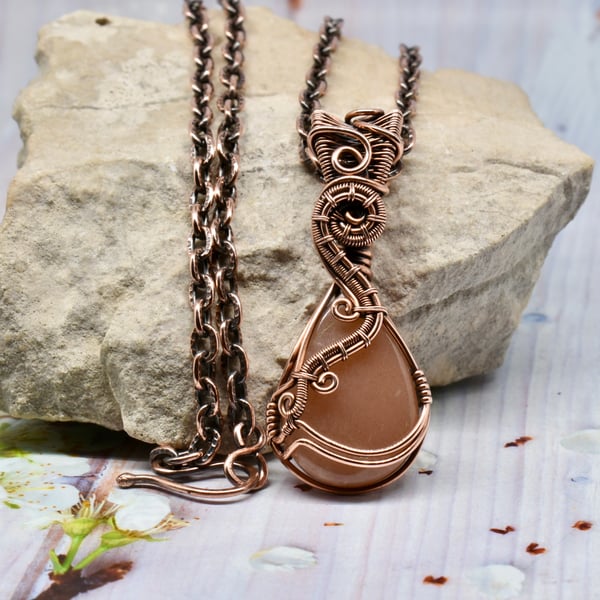 Peach Moonstone and Copper Wire Wrapped and Woven Pendant