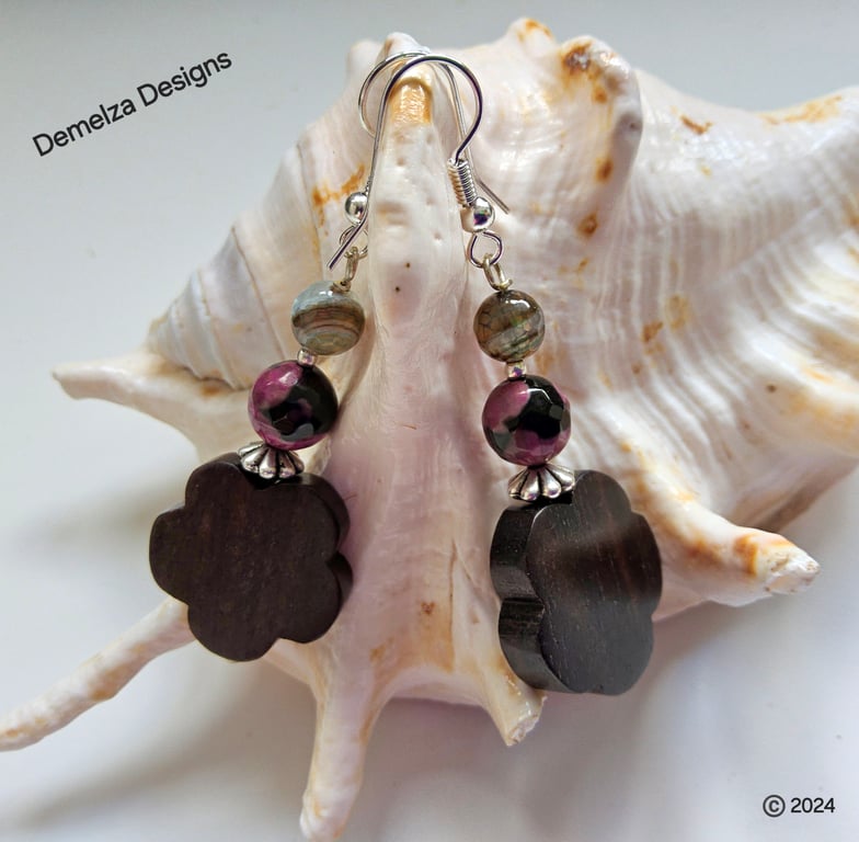 Faceted Agate & Carved Wood Flower Silver Plated Earrings