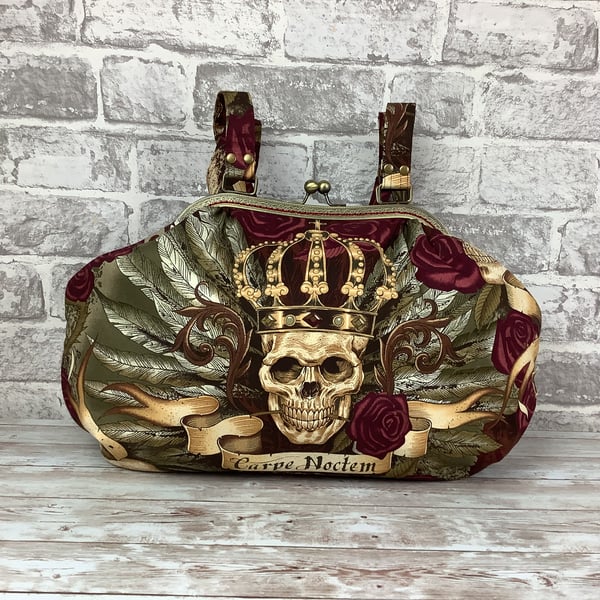 Gothic skulls roses large fabric frame bag, Kiss clasp shoulder bag, 2 straps