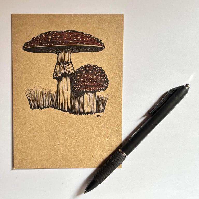 Toadstools - Brown Kraft paper illustrated postcard (mini print)